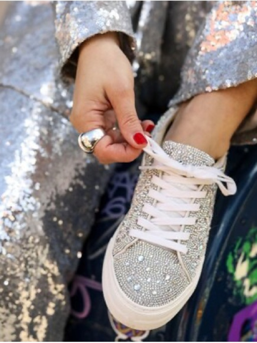 Betsey Johnson Sidny Rhinestone Silver White Sneakers size 6.5